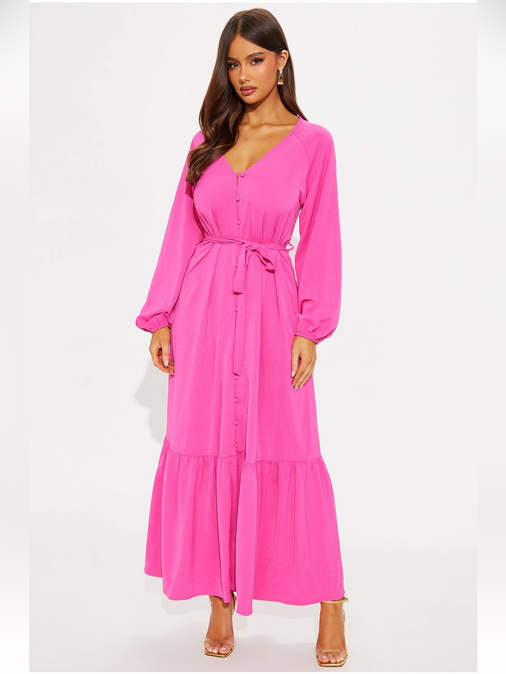NWT Fashion Nova Fuchsia/ Hot Pink Button-Front Tie-Waist Maxi Dress